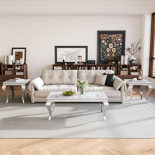 CT022SMW 3-Piece Coffee & End Table Set - White/Silver MDF Metal