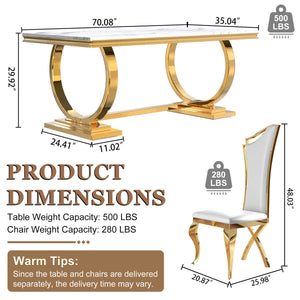 Modern White & Gold 7-Piece Dining Set | High-Back PU Chairs + Gold Metal Frame Zemorn
