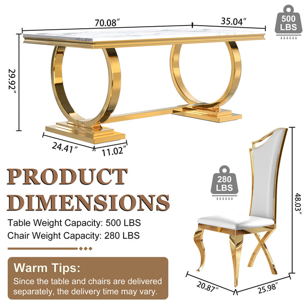 Modern White & Gold 7-Piece Dining Set | High-Back PU Chairs + Gold Metal Frame Zemorn