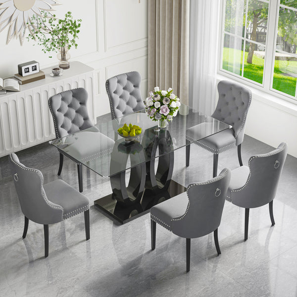 RDT399B Glass Dining Table Set + Grey Velvet Chairs