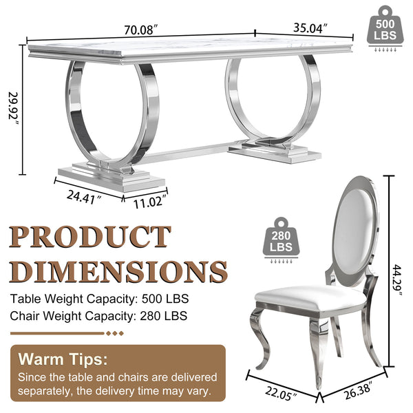 Modern White & Silver 7-Piece Dining Set | Easy-Clean PU Chairs + Silver Metal Frame ZEMORN