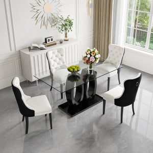RDT399B Glass Dining Table Set + Black/White Velvet Chairs