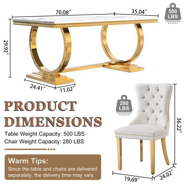 Luxury White & Gold 7-Piece Dining Set | Plush Velvet Chairs + Gold Metal Frame Zemorn