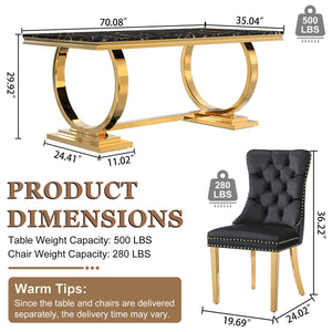 Luxury Black & Gold 7-Piece Dining Set | Plush Velvet Chairs + Gold Metal Frame Zemorn