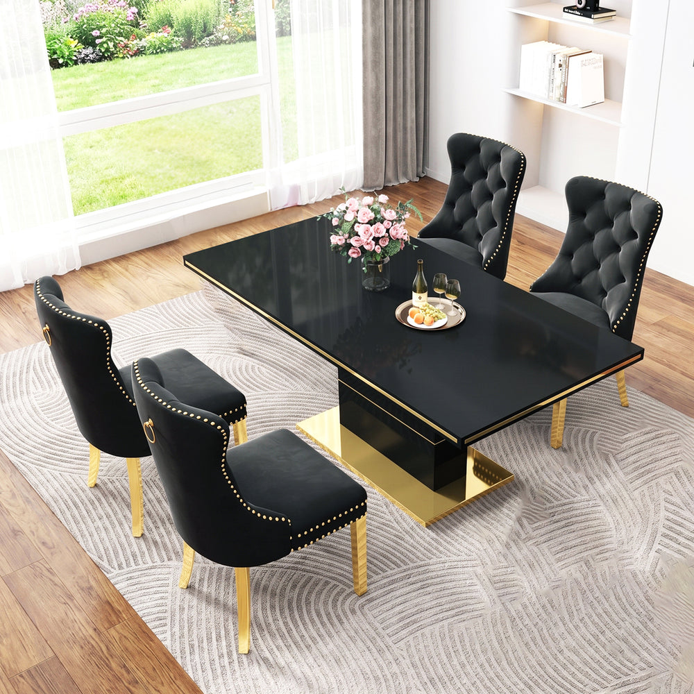 DT0215GB 5-Piece MDF Dining Set + 4 Black Velvet Chairs (Gold)