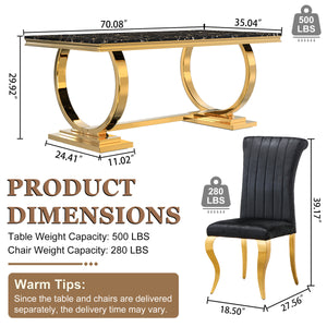Modern Black & Gold 7-Piece Dining Set | Comfortable Fabric Chairs + Metal Frame