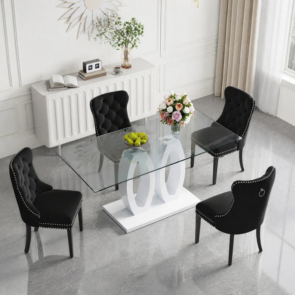 RDT399W Glass Dining Table Set + Black Velvet Chairs