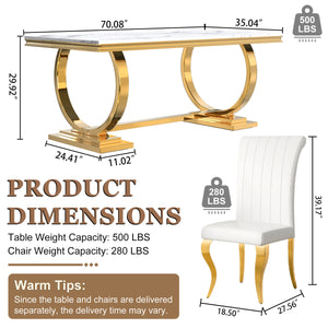 Elegant White & Gold 7-Piece Dining Set | Comfortable PU Chairs + Gold Metal Frame Zemorn