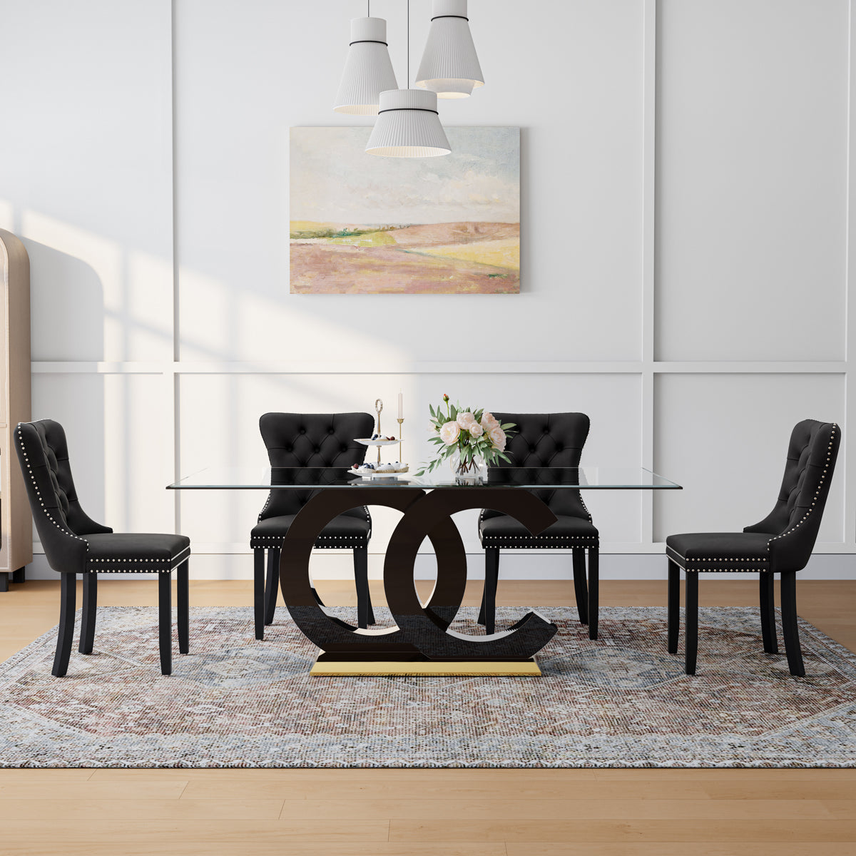 #RDT396GB-2+4DCK89B 70 Inch Glass Dining Set, 4 or 6 Chairs Black Velvet Chairs Gold Base Close Up Detail