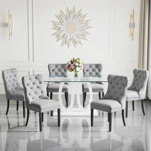 RDT399W Glass Dining Table Set + Grey Velvet Chairs