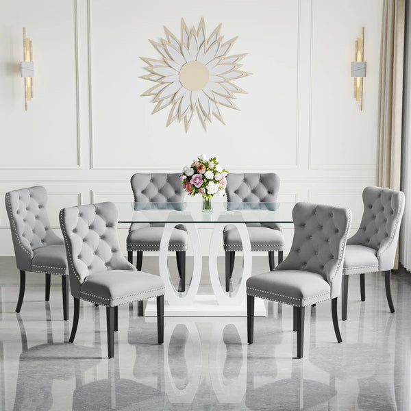 RDT399W Glass Dining Table Set + Grey Velvet Chairs