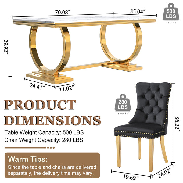 Chic White & Gold 7-Piece Dining Set | Black Velvet Chairs + Gold Metal Frame Zemorn