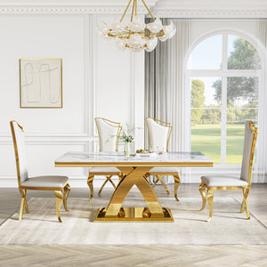 DT0218 5-Piece MDF Dining Set + 4 White Velvet Chairs (Gold)