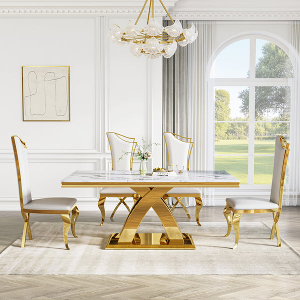 DT0218 5-Piece MDF Dining Set + 4 White Velvet Chairs (Gold)