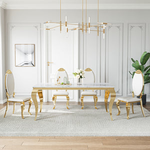DT022GMW 5-Piece MDF Dining Set + 4 White Leatherette Chairs (Gold)