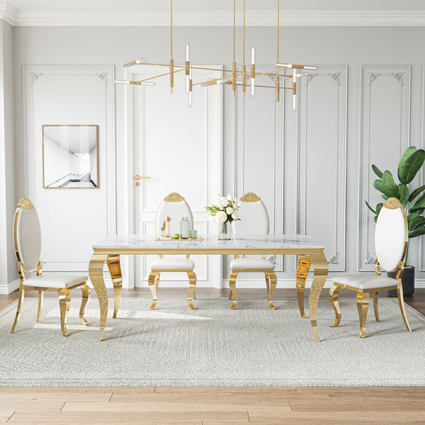 DT022GMW 5-Piece MDF Dining Set + 4 White Leatherette Chairs (Gold)
