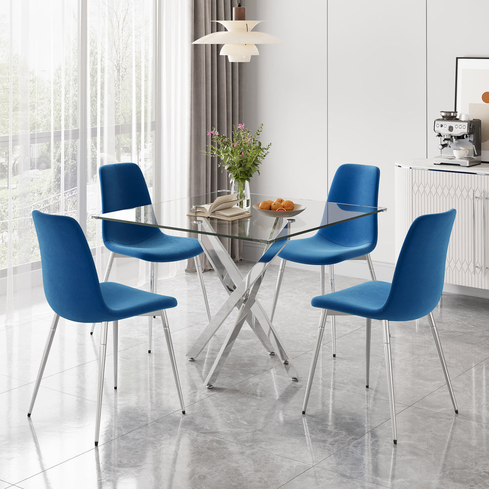 DT668S 5-Piece 42" Glass Dining Set + 4 Blue Velvet Chairs (Silver) ZEMORN