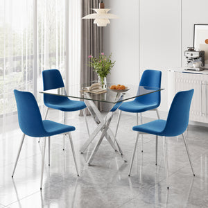 DT668S 5-Piece 42" Glass Dining Set + 4 Blue Velvet Chairs (Silver) ZEMORN