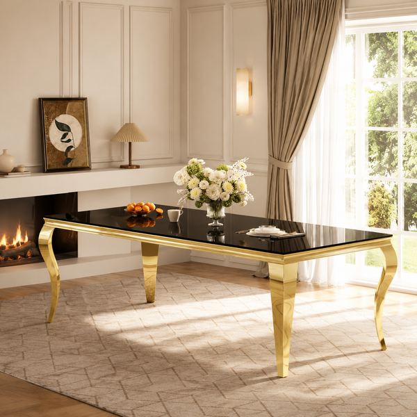 Zenith 94 Inch Black Glass Dining Table with Curved Metal Legs, Seats 8 10 - Zemorn