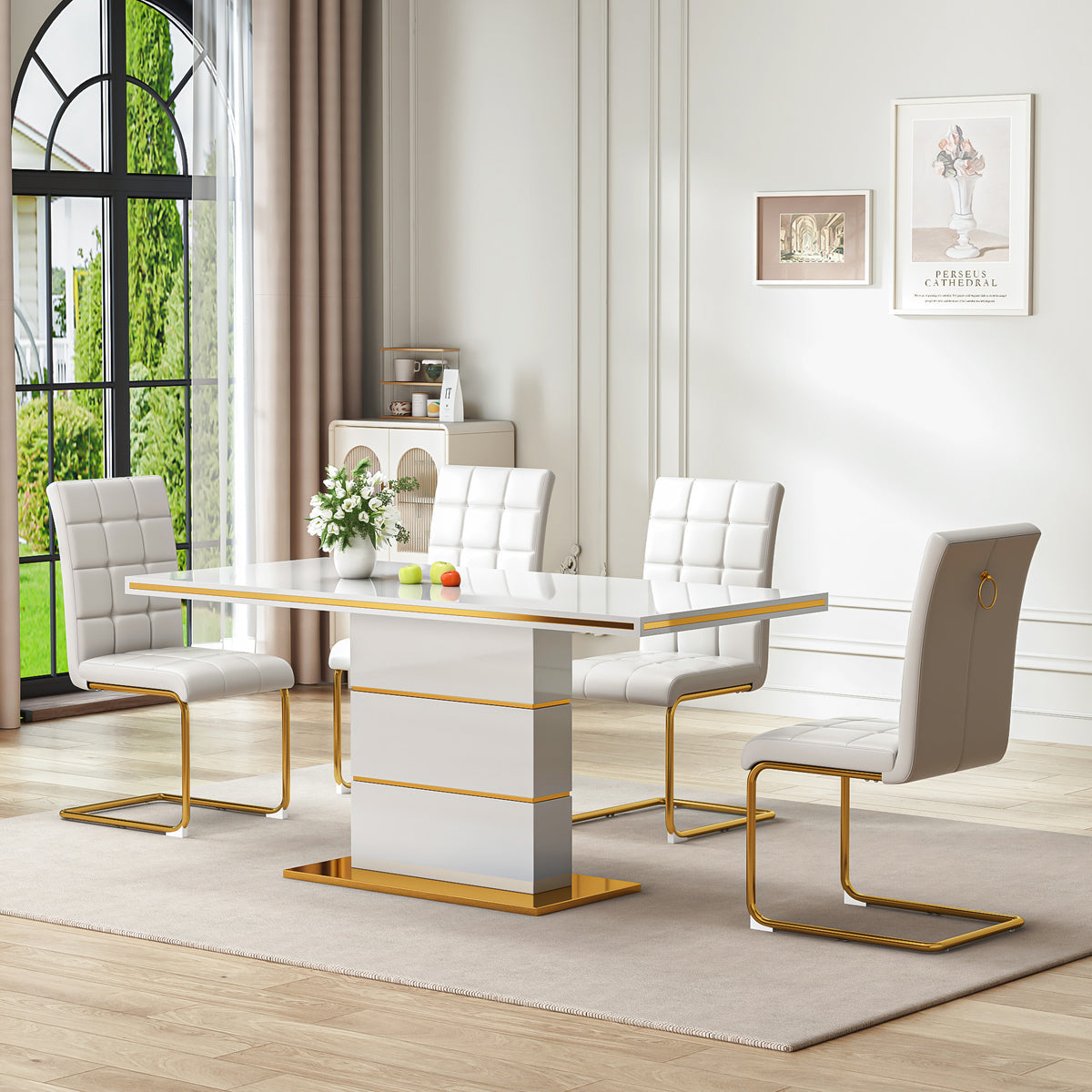 DT0215GW 5-Piece MDF Dining Set + 4 White PU Chairs (Gold)