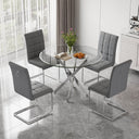 DT666S 5-Piece 36" Glass Dining Set + 4 Grey PU Chairs (Silver) Zemorn