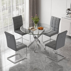 DT666S 5-Piece 36" Glass Dining Set + 4 Grey PU Chairs (Silver) Zemorn