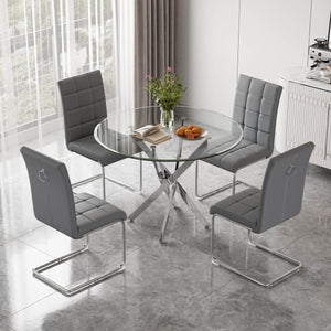 DT666S 5-Piece 36" Glass Dining Set + 4 Grey PU Chairs (Silver) Zemorn