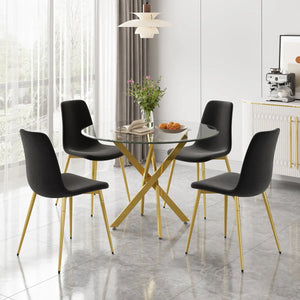 DT666G 5-Piece 36" Glass Dining Set + 4 Black Velvet Chairs (Gold) ZEMORN