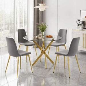 DT666G 5-Piece 36" Glass Dining Set + 4 Grey Velvet Chairs (Gold) ZEMORN