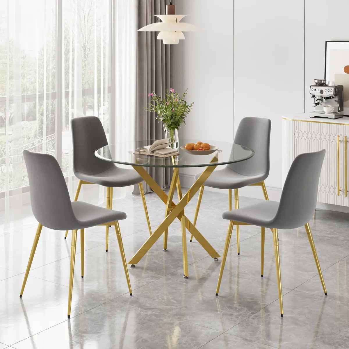 DT666G 5-Piece 36" Glass Dining Set + 4 Grey Velvet Chairs (Gold) ZEMORN
