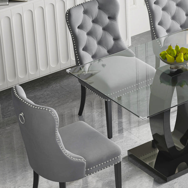 RDT399B Glass Dining Table Set + Grey Velvet Chairs