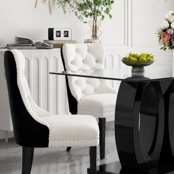 RDT399B Glass Dining Table Set + Black/White Velvet Chairs