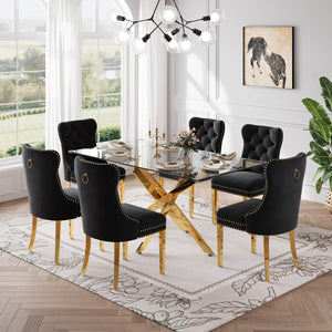 RDT717G 7-Piece Glass Dining Set + 6 Black Velvet Chairs (Gold)