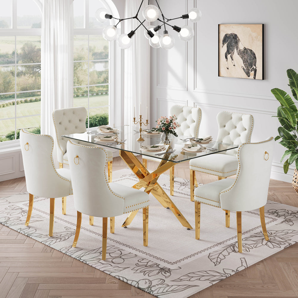 RDT717G 7-Piece Glass Dining Set + 6 White Velvet Chairs (Gold)