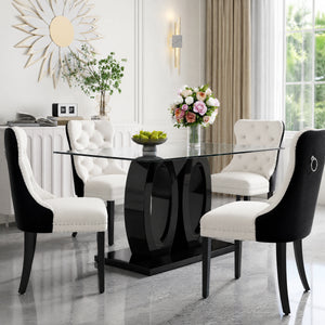 RDT399B Glass Dining Table Set + Black/White Velvet Chairs