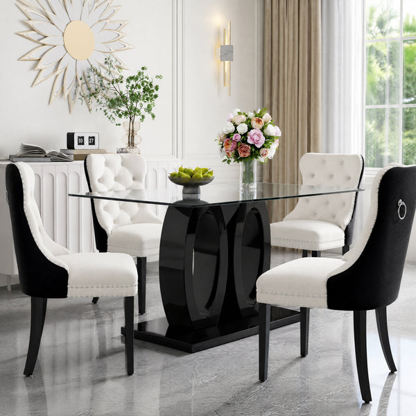 RDT399B Glass Dining Table Set + Black/White Velvet Chairs