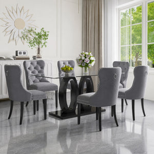 RDT399B Glass Dining Table Set + Grey Velvet Chairs