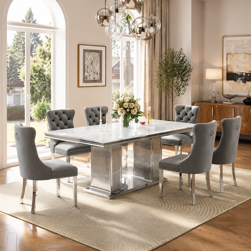 69 Inch 7 Piece Luna MDF Dining Set with Gray Velvet Chairs Silver Base - Zemorn