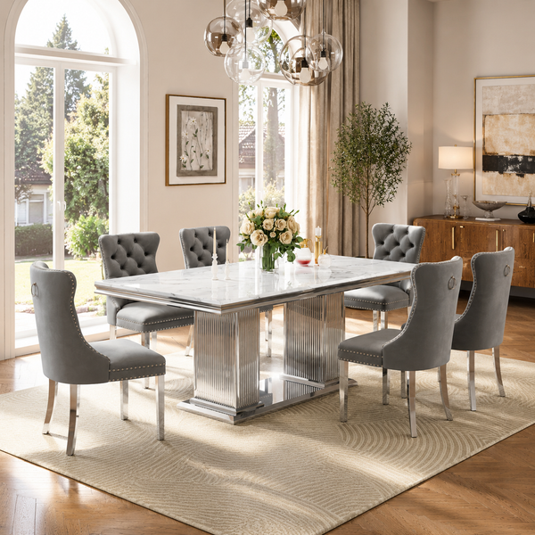 69 Inch 7 Piece Luna MDF Dining Set with Gray Velvet Chairs Silver Base - Zemorn