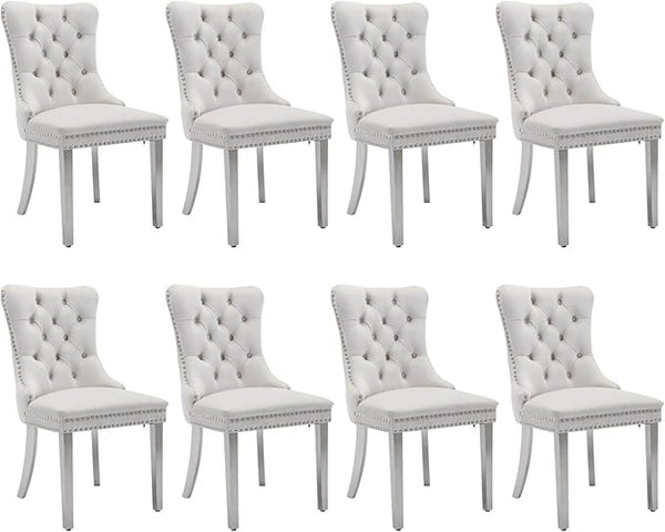 #WHITE/SILVER Button Tufted Velvet Dining Chairs Sets of 2 8 Dimensions Diagram