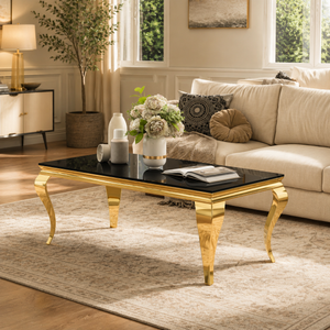 47 Inch Glam Black Glass Coffee Table with Curved Metal Base - Zemorn