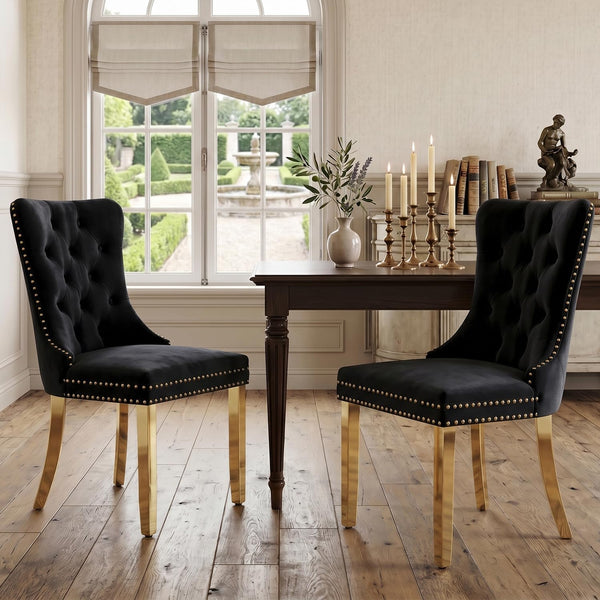 #BLACK/GOLD Button Tufted Velvet Dining Chairs Sets of 2 8 View 18