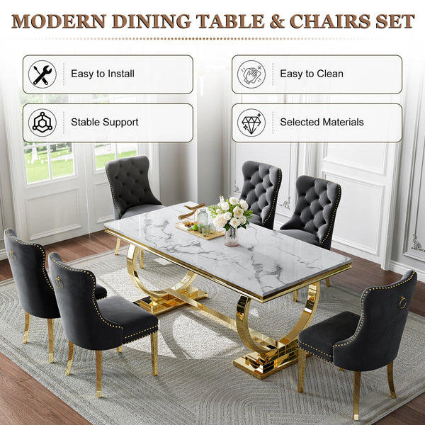 Chic White & Gold 7-Piece Dining Set | Black Velvet Chairs + Gold Metal Frame Zemorn
