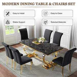 Modern Black & Gold 7-Piece Dining Set | Comfortable Fabric Chairs + Metal Frame Zemorn