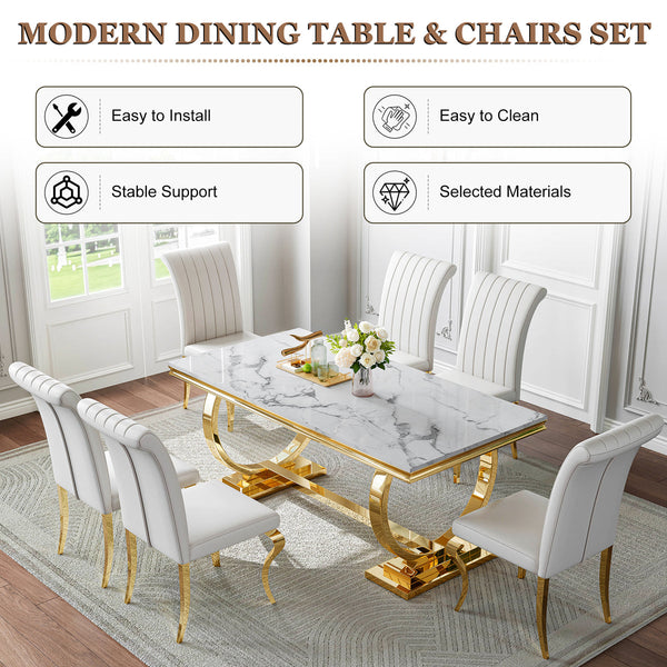 Elegant White & Gold 7-Piece Dining Set | Comfortable PU Chairs + Gold Metal Frame Zemorn
