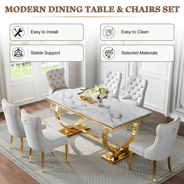 Luxury White & Gold 7-Piece Dining Set | Plush Velvet Chairs + Gold Metal Frame Zemorn