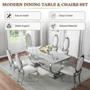 Modern White & Silver 7-Piece Dining Set | Easy-Clean PU Chairs + Silver Metal Frame ZEMORN