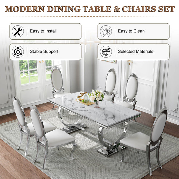 Modern White & Silver 7-Piece Dining Set | Easy-Clean PU Chairs + Silver Metal Frame ZEMORN