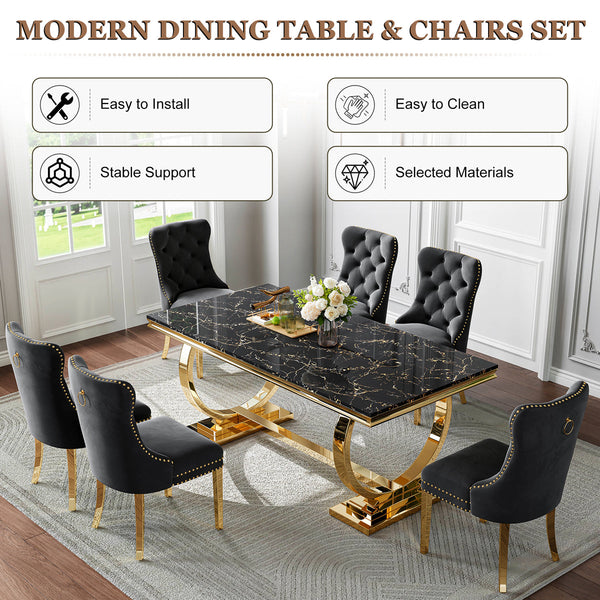 Luxury Black & Gold 7-Piece Dining Set | Plush Velvet Chairs + Gold Metal Frame Zemorn