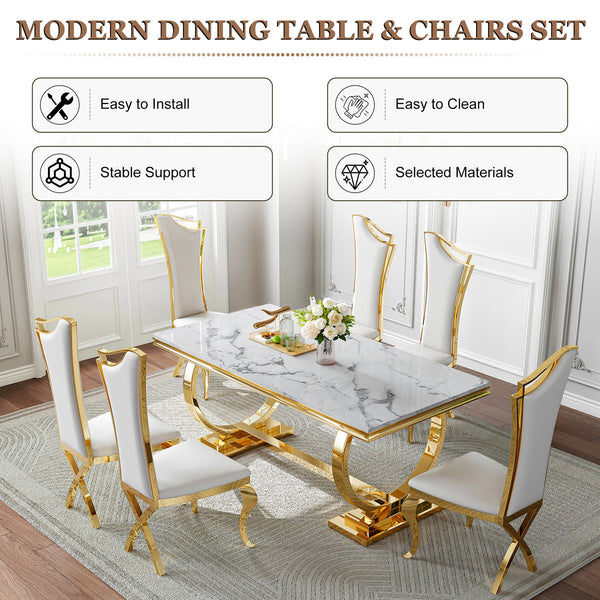 Modern White & Gold 7-Piece Dining Set | High-Back PU Chairs + Gold Metal Frame Zemorn